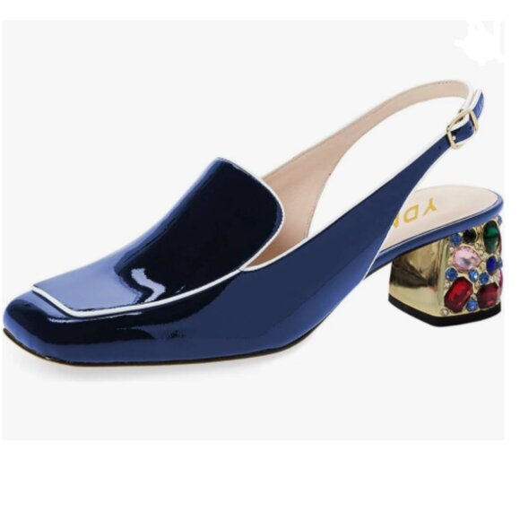 YDN Navy Pumps Colorful Rhinestone Block Low Heels Square Toe Formal Shoe - Picture 1 of 8